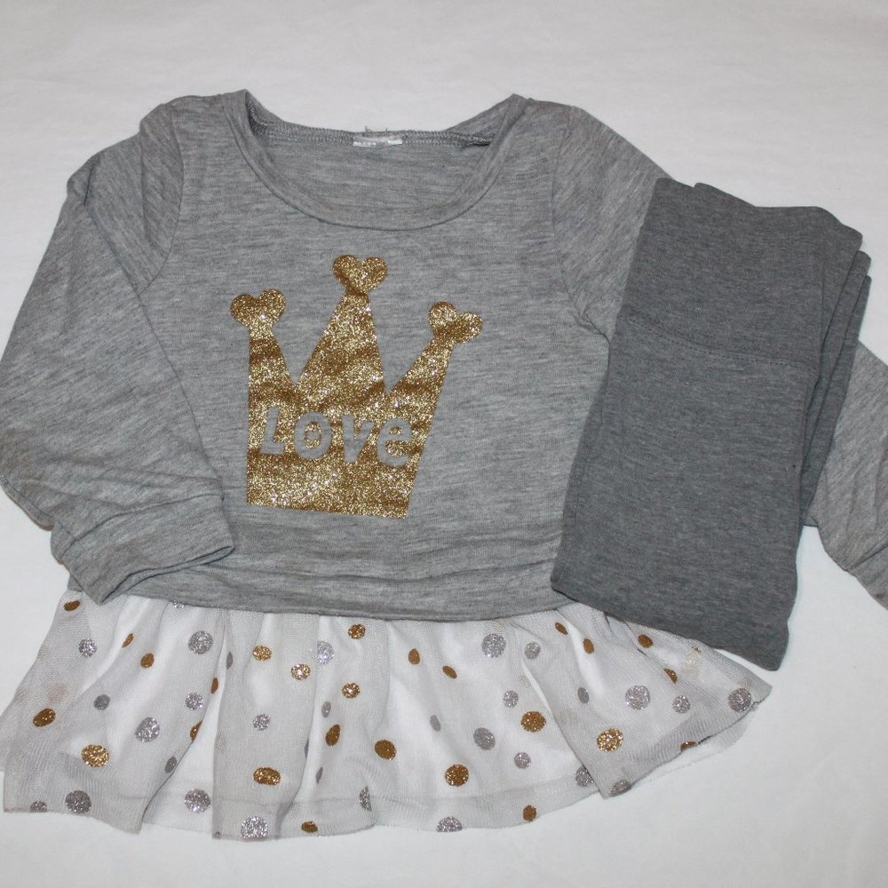 Baby Girl Gray Gold Shimmering Crown Dainty Love Graphic Long Sleeve Outfit